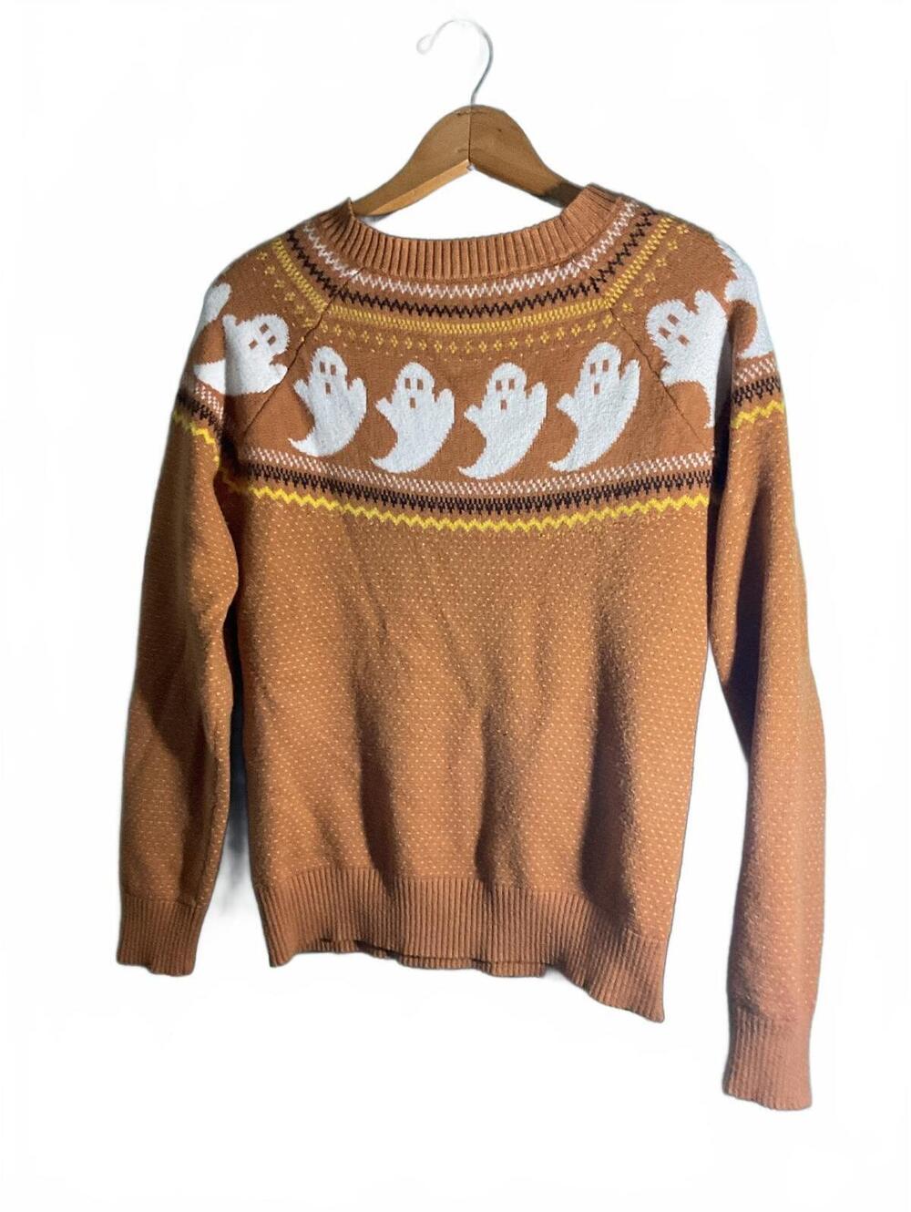 Cozy Orange Halloween Ghost Pattern Knit Sweater, Small